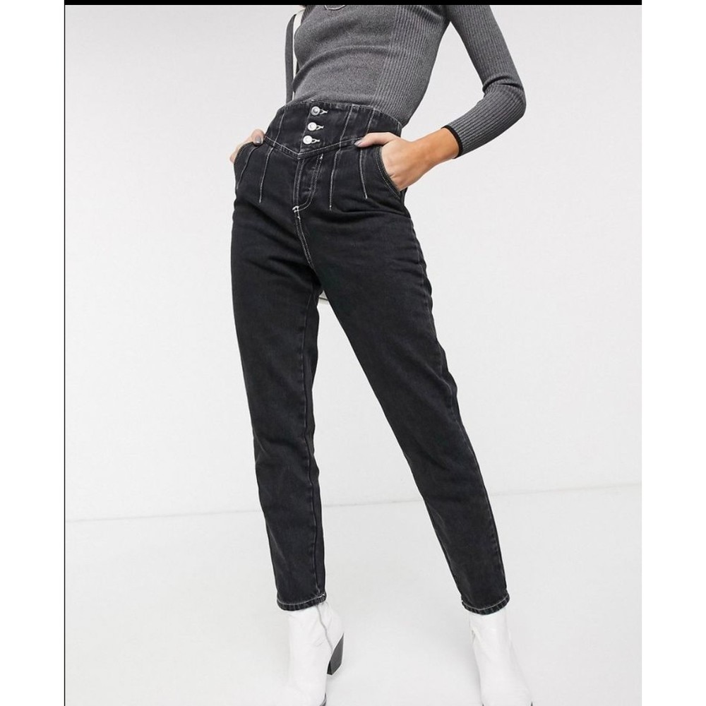 Mint Topshop Corset Detail Button Fly Washed Black Rigid Denim Mom Jeans 26x30